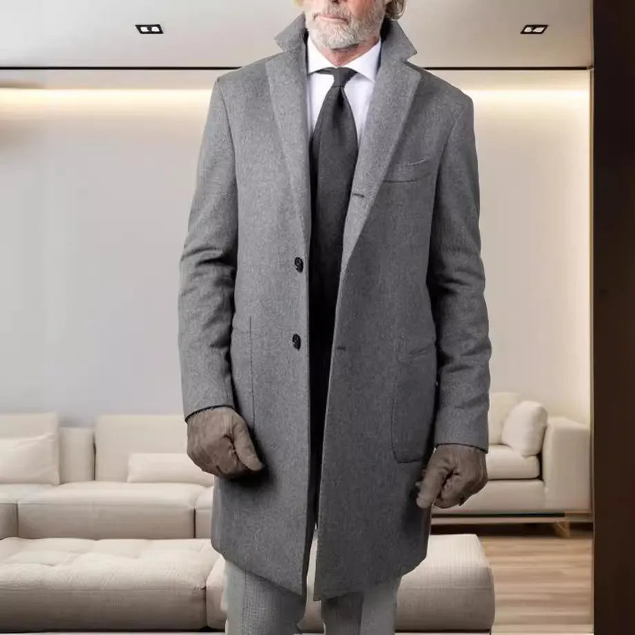 British-style medium-length slim fit men's wool winter coat in navy blue