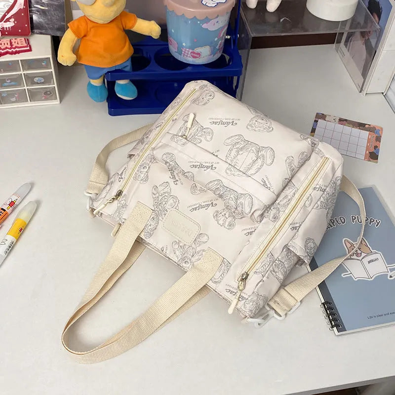 Bear print large capacity multi-pocket nylon tote bag in milky white