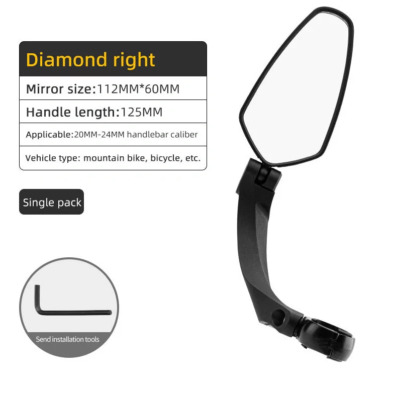 Bike mirror with acrylic lens mounted on bicycle handlebar showing 360° rotation capability