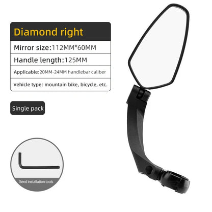 Bike mirror with acrylic lens mounted on bicycle handlebar showing 360° rotation capability