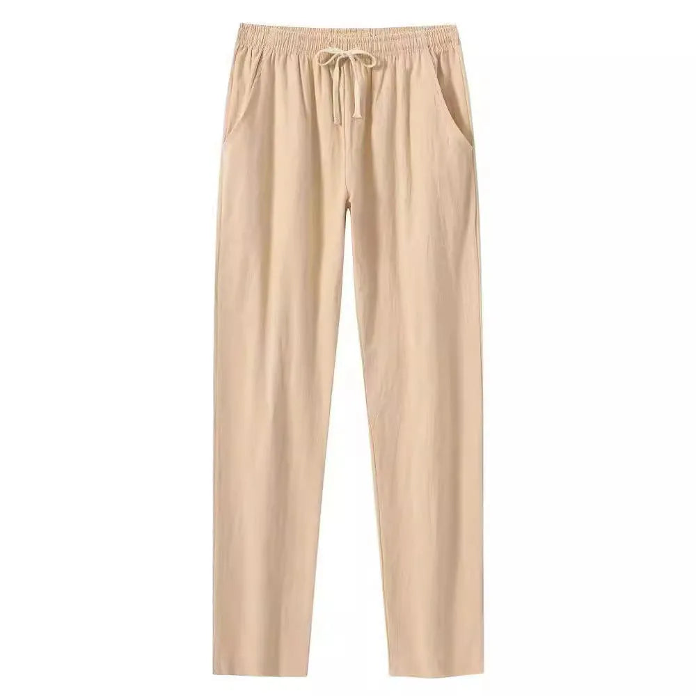 Men's cotton linen beach trousers in loose casual fit showing four colour options with European size labels