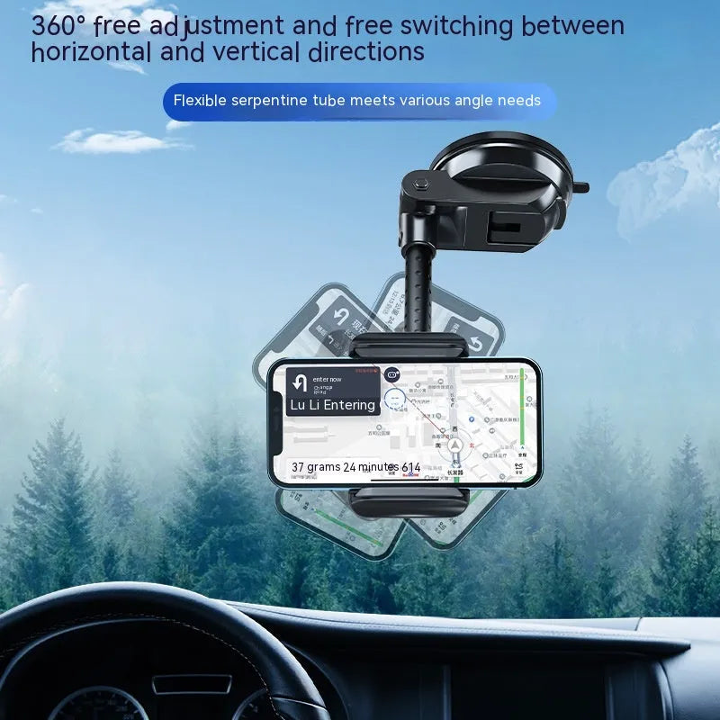 Universal rotating metal car phone bracket in black with double supercharged fast charging and multi-angle adjustment