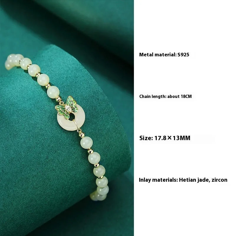 Cyan Hetian jade bracelet with sterling silver butterfly inlay and 6mm beads