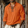 Men's blue linen blend loose fit shirt with lace-up lapels and long sleeves.