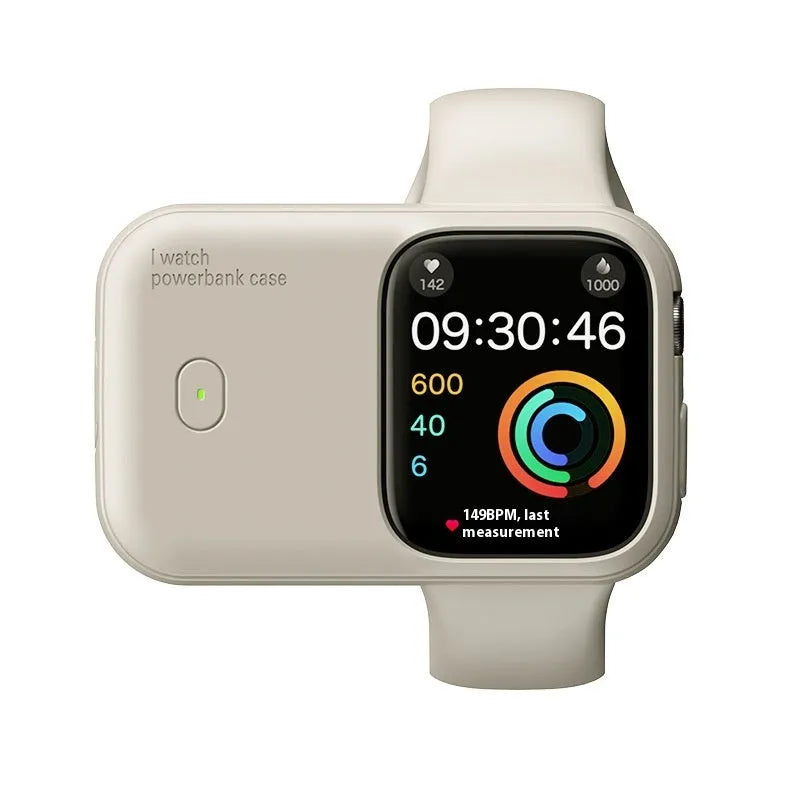 Apple Watch portable wireless charging power bank case with silicone cover in brown, midnight blue, or starlight.