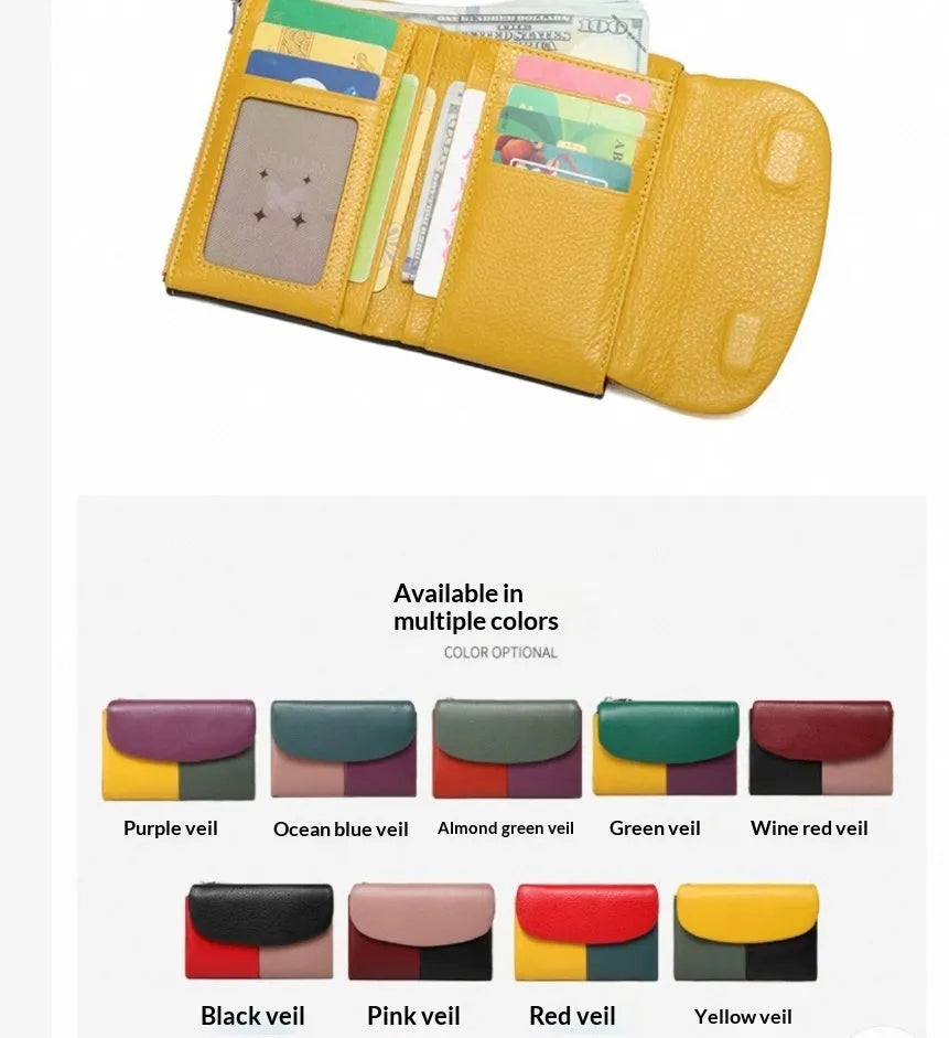 Women's short wallet with soft leather texture and stitching detail in solid colour, urban minimalist style