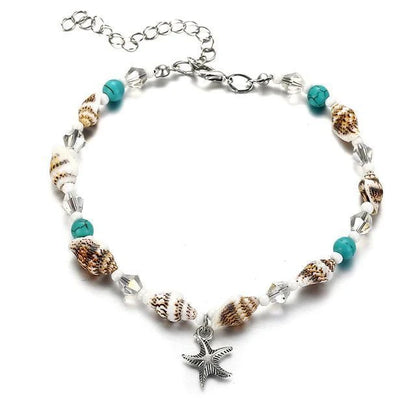 Green and blue star fish anklet for women, beach foot jewelry