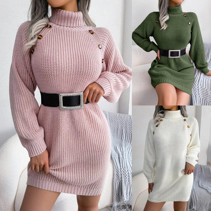 Stylish turtleneck sweater dress with unique button design in various colors including white, pink, and army green