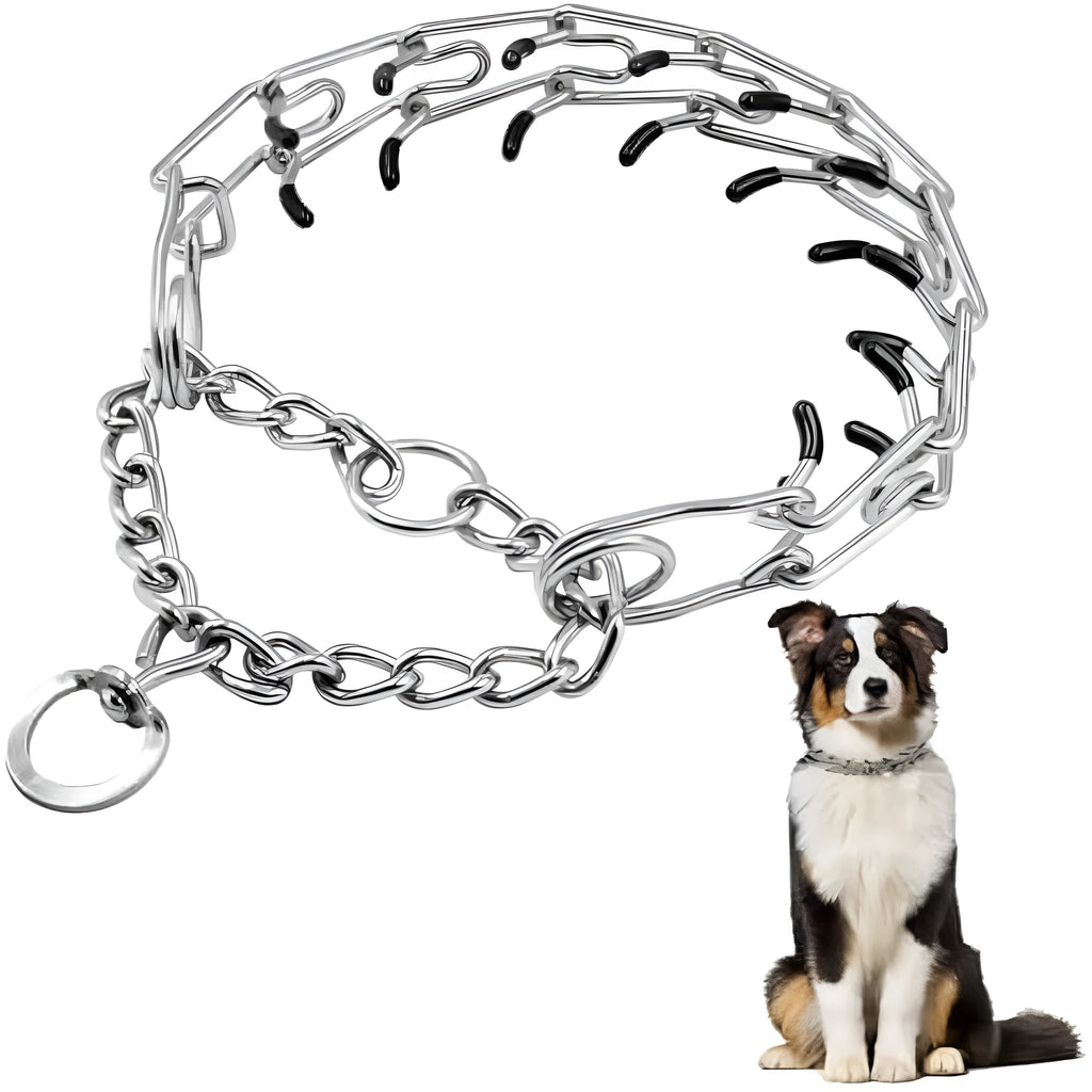 Stainless steel dog prong training collar with rubber tips and adjustable chain links on a grey background.