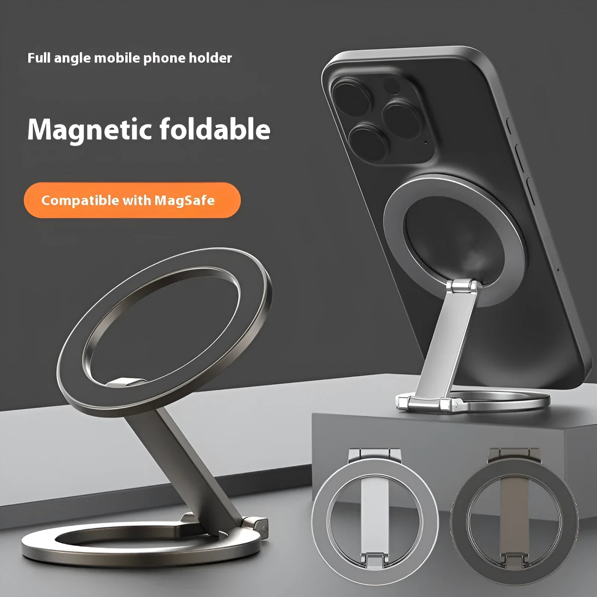 Multi-functional fastened ring metal desktop stand bracket black colour on desk holding smartphone upright