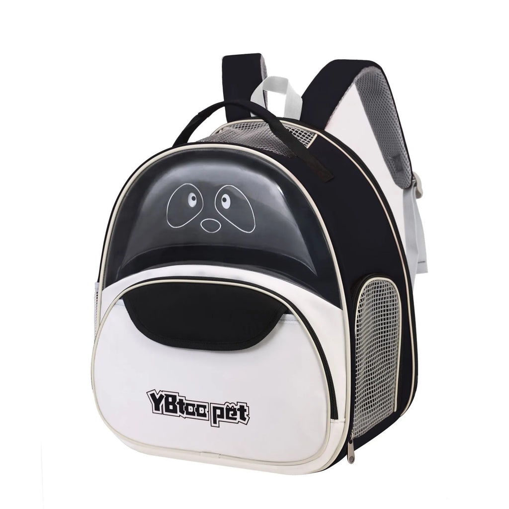 Portable pet backpack carrier in black Oxford cloth with large capacity for cats and dogs
