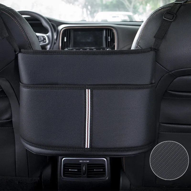 Black leather car seat net pocket storage bag measuring 38cm mounted between vehicle seats