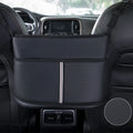 Black leather car seat net pocket storage bag measuring 38cm mounted between vehicle seats