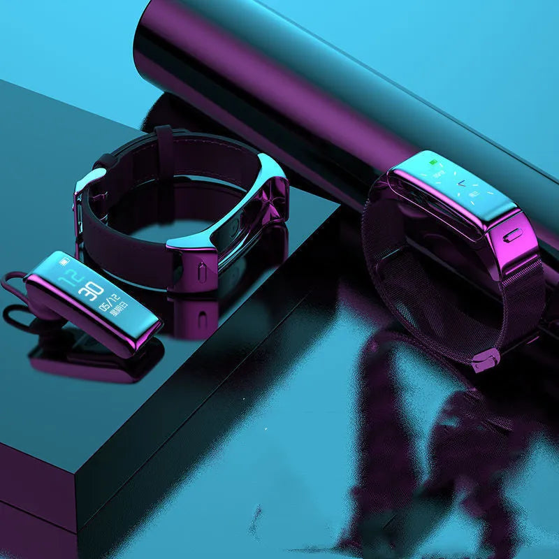 Bluetooth smart watch with call functions showing touch screen and choice of leather, silicone or steel straps