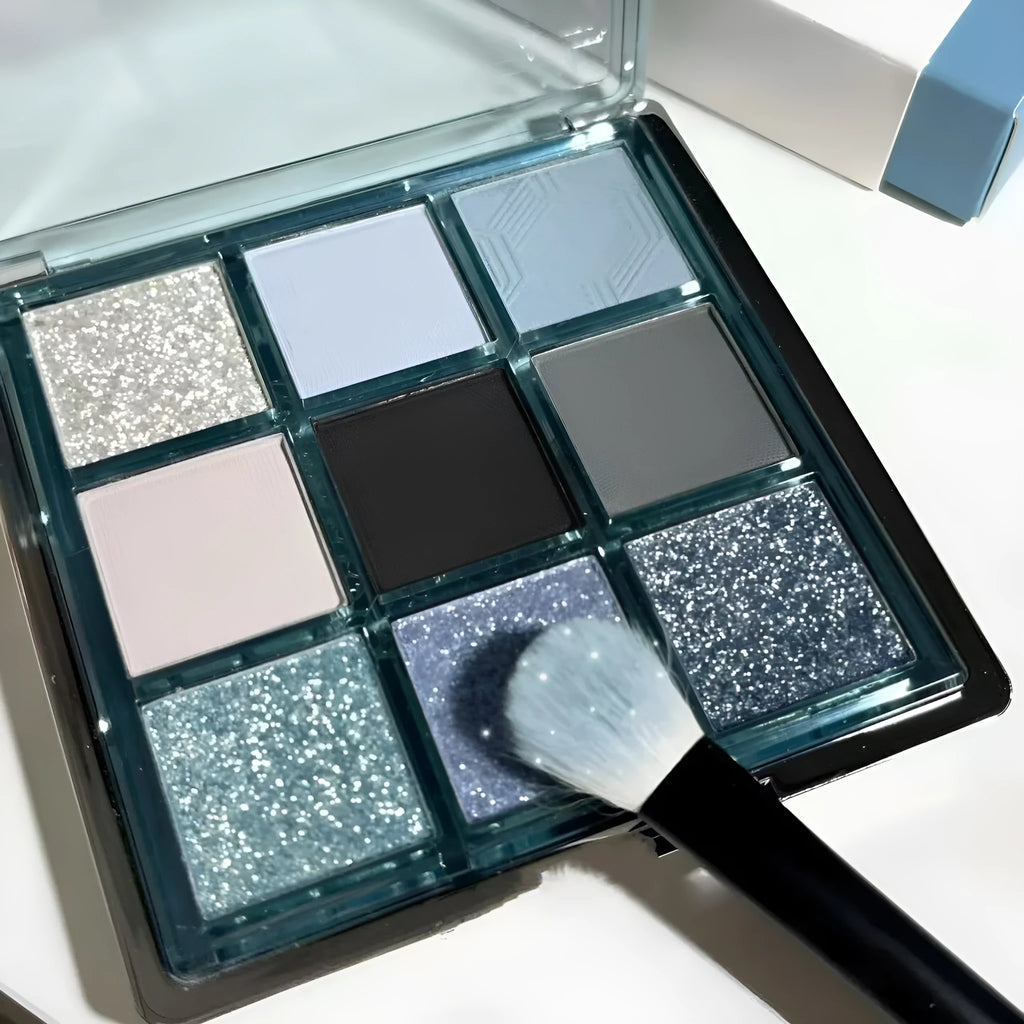 MUGELEEN nine-colour eye shadow palette with blue smoked colours and earth tones