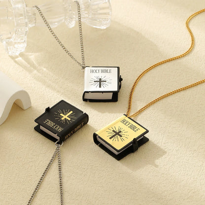 Stylish stainless steel cross necklace with Bible verses pendant, available in gold, silver white, and silver black.