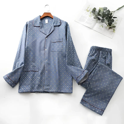 Men's brushed cotton long-sleeved lapel pajama set in blue grid pattern, size M with 72 cm top and 100 cm trousers