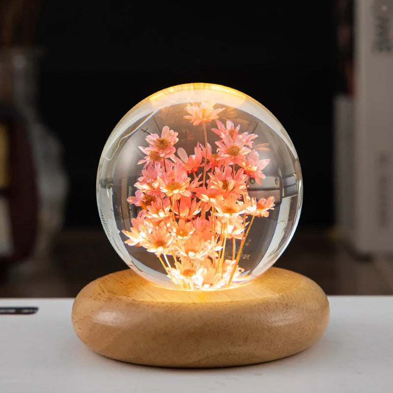 LED Night Light Flower Crystal Ball with wooden base, perfect for children's bedrooms