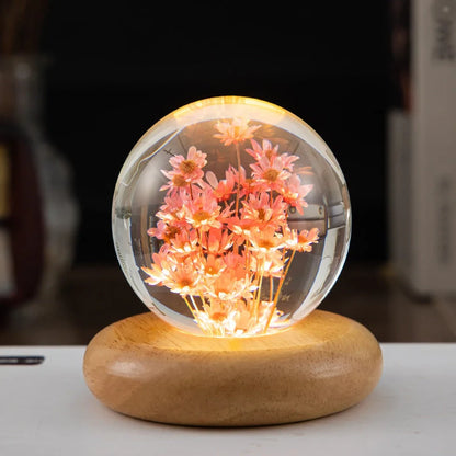 LED Night Light Flower Crystal Ball with wooden base, perfect for children's bedrooms