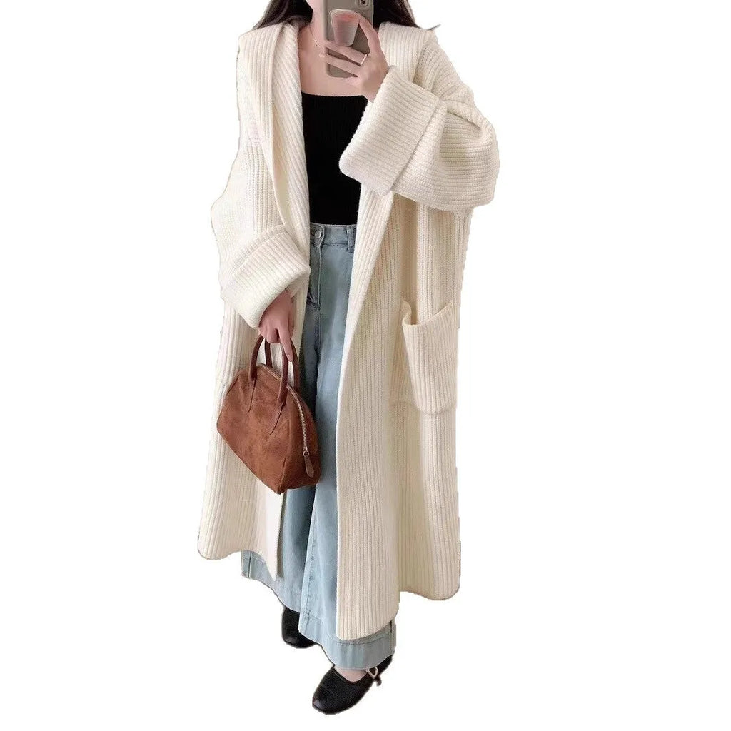 Loose hooded cardigan coat in extended 80cm length with raglan sleeves
