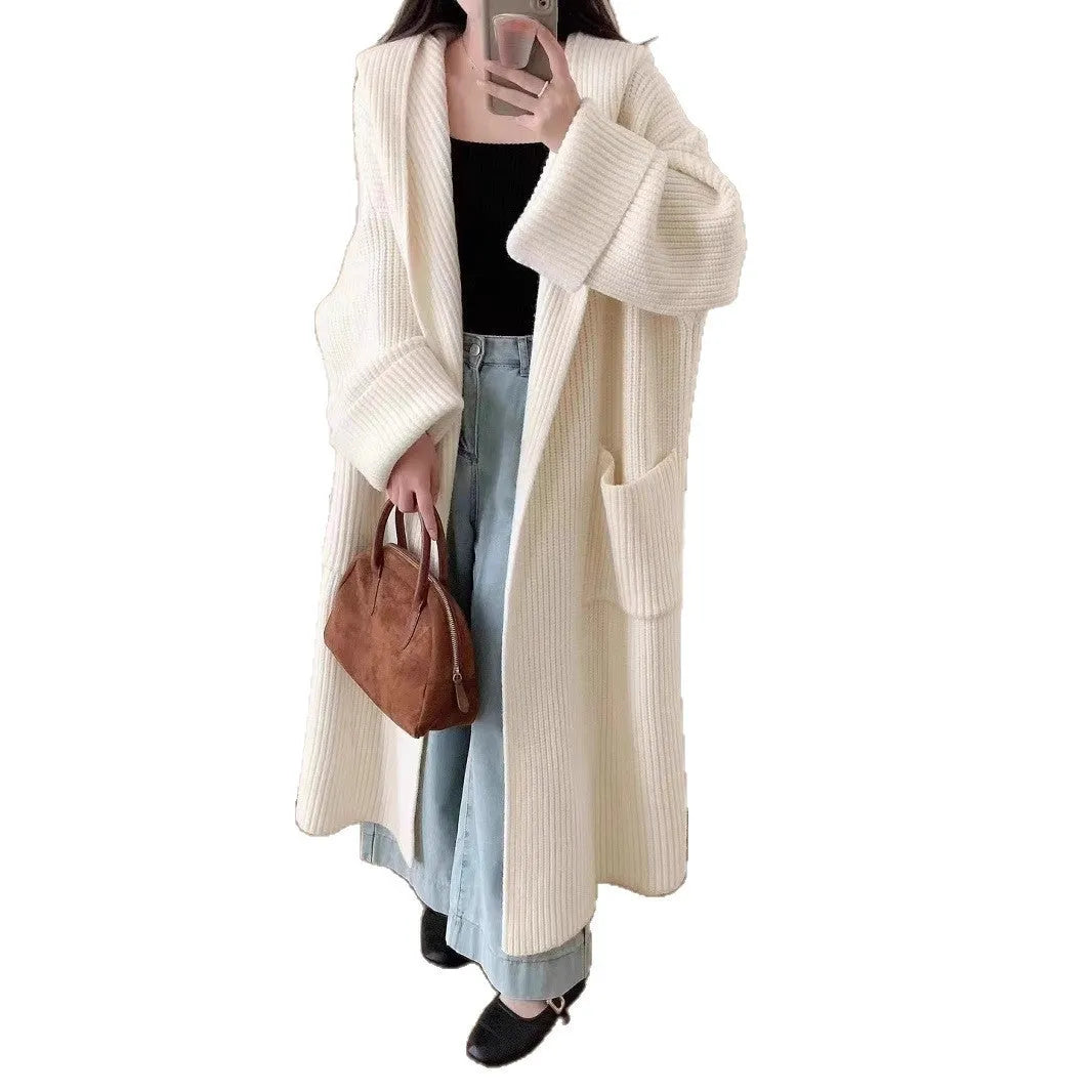Loose hooded cardigan coat in extended 80cm length with raglan sleeves