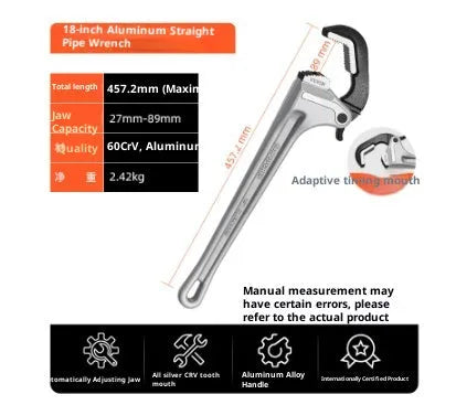 Aluminium heavy straight pipe wrench 18 inch with 95mm jaw opening on grey background
