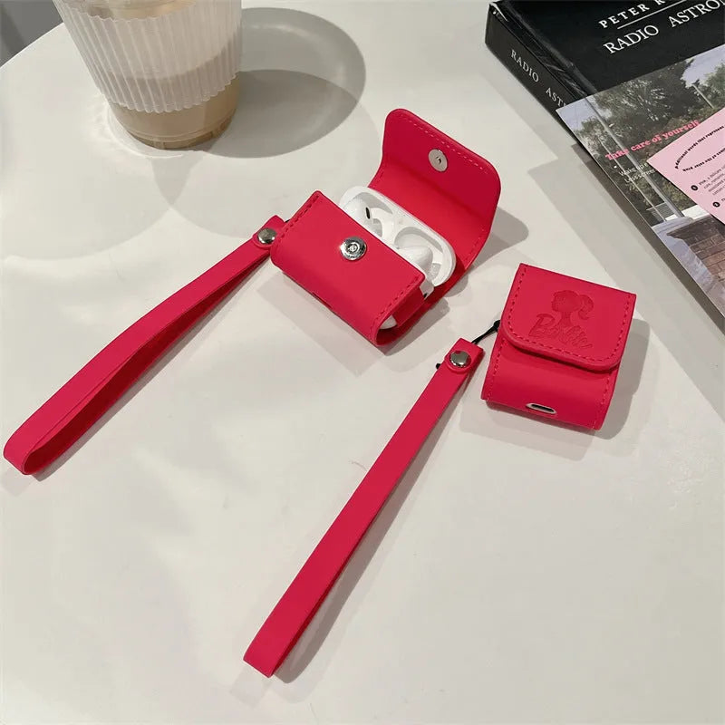 Rose red TPU earphone case with leather lanyard for AirPods, embossed cartoon pattern