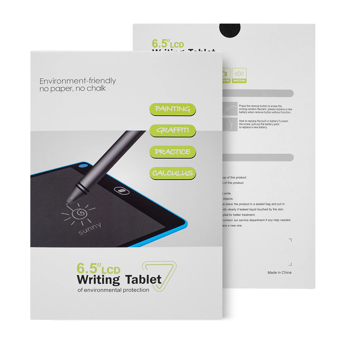 6.5 inch LCD writing tablet in blue with stylus, slim design on white background
