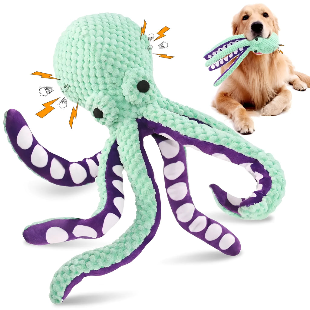 Blue plush octopus dog toy with long legs and cartoon eyes for chewing and interactive play.