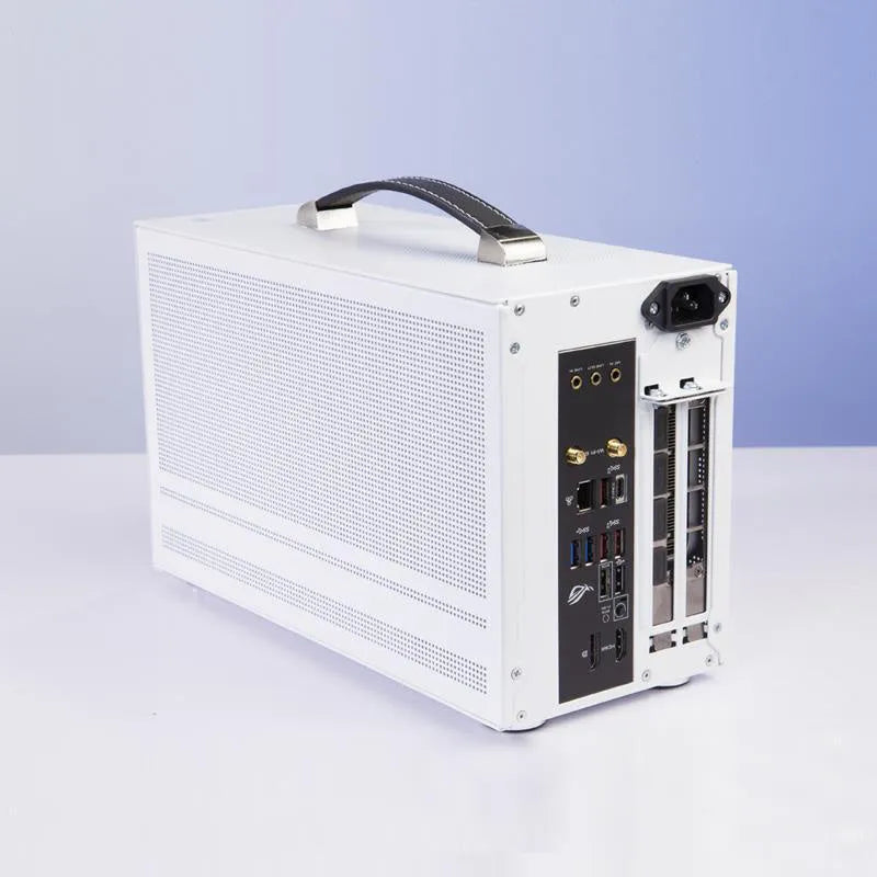 Hummingbird portable ITX desktop computer case in titanium grey or white colour.