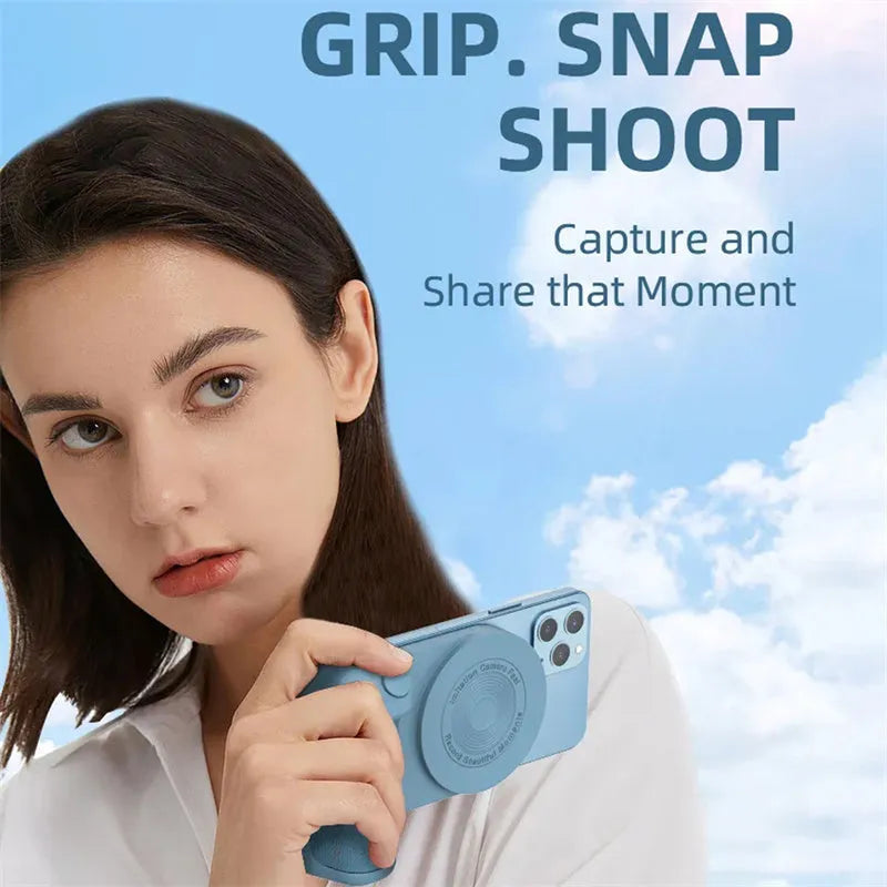 Black magnetic 3-in-1 phone camera grip and stand with ergonomic handle on a table