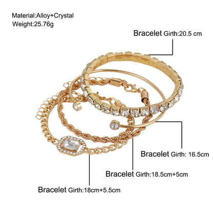 Premium 4-piece crystal bracelet set with adjustable fit and sparkling rhinestone embellishments, perfect for adding a touch of glamour to any outfit.