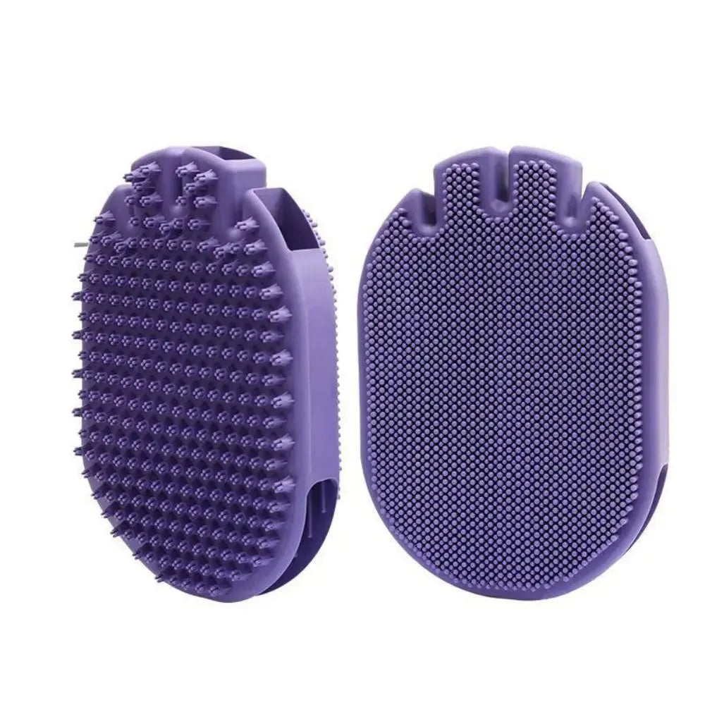 Purple pet grooming brush with soft silicone bristles and ergonomic TPR handle