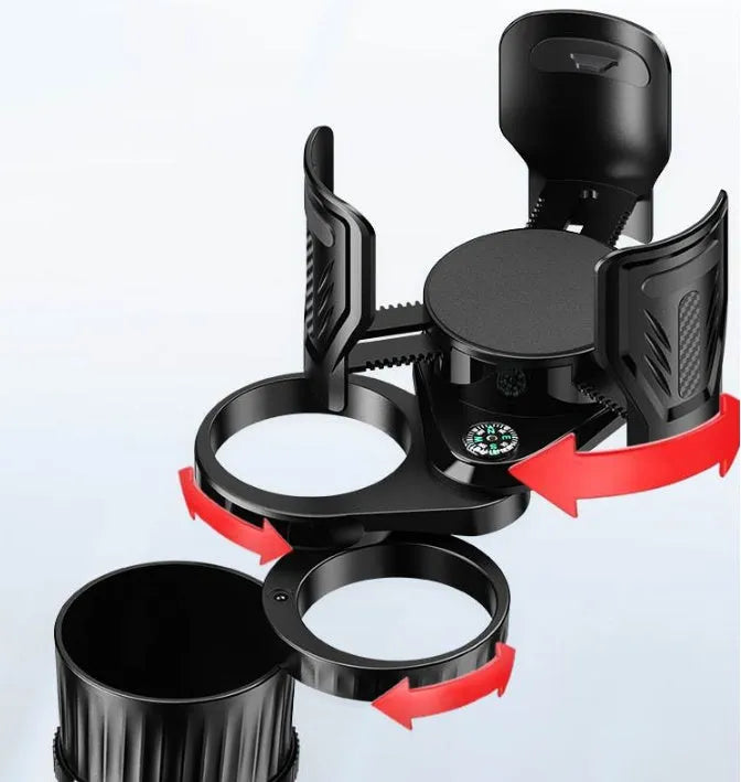 Black ABS plastic car dashboard cup holder with a retractable base shown in extended and retracted positions.