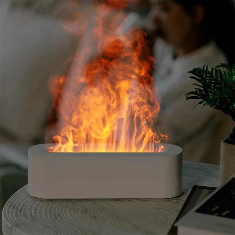 Ultrasonic aroma diffuser with realistic flame-like light display, perfect for creating a soothing, relaxing atmosphere in any room.