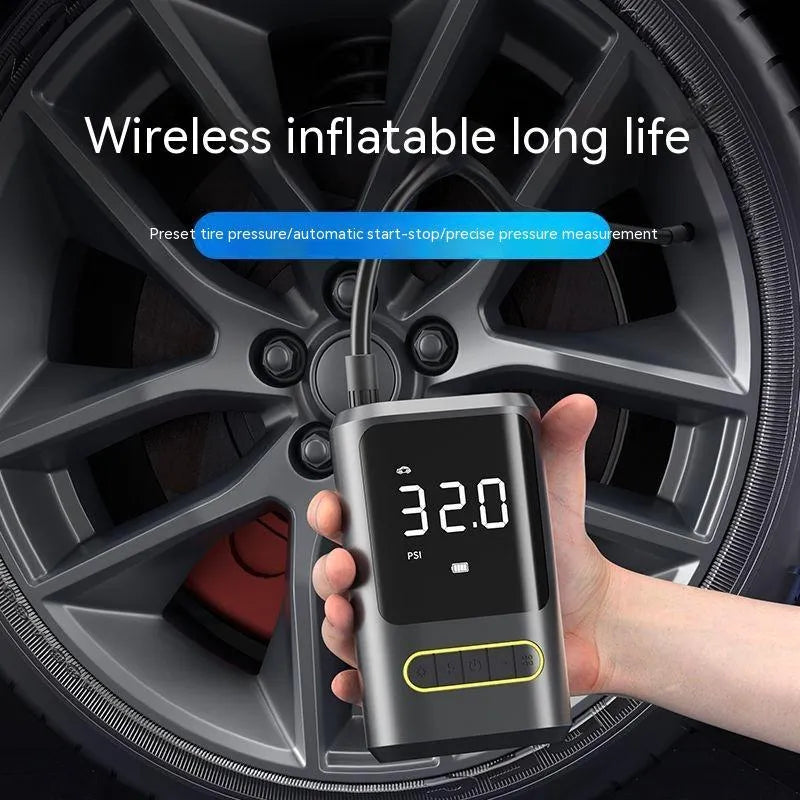 Handheld wireless digital display car tyre inflator with LED light and attached air hose