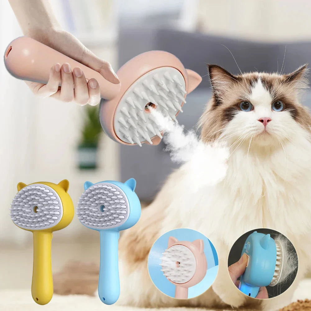 Multifunctional pet grooming brush with steam technology in yellow, blue, and pink