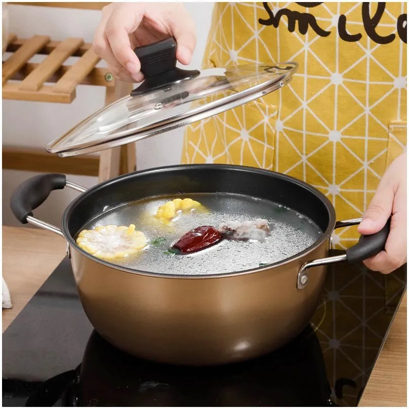 Three-piece cast iron cookware set showing a soup pot, milk pot, and wok with light luxury finish.