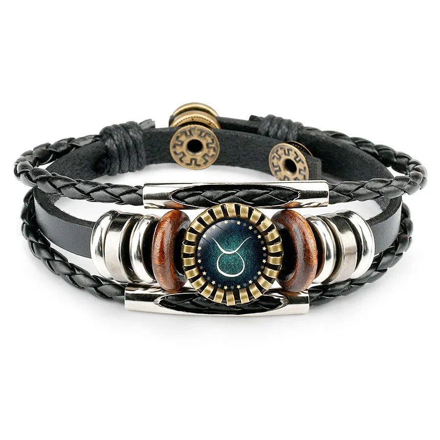 Multilayer leather bracelet with glass art depicting 12 zodiac signs, a stylish and captivating celestial accessory