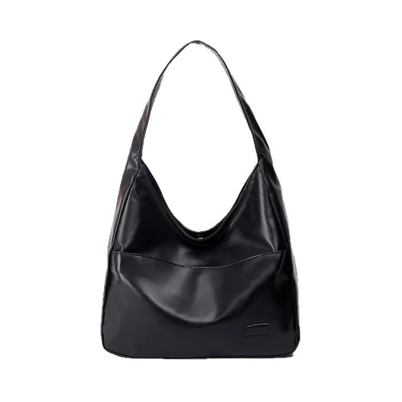 Women's soft PU leather retro shoulder bag in black with single strap and open pocket.