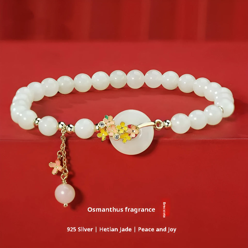 Osmanthus peace buckle bracelet with natural Hetian jade beads and 925 sterling silver setting