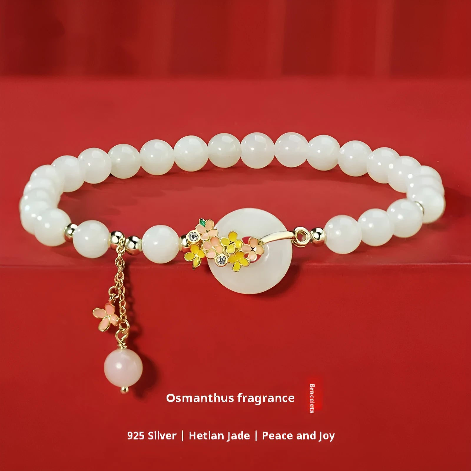 Osmanthus peace buckle bracelet with natural Hetian jade beads and 925 sterling silver setting