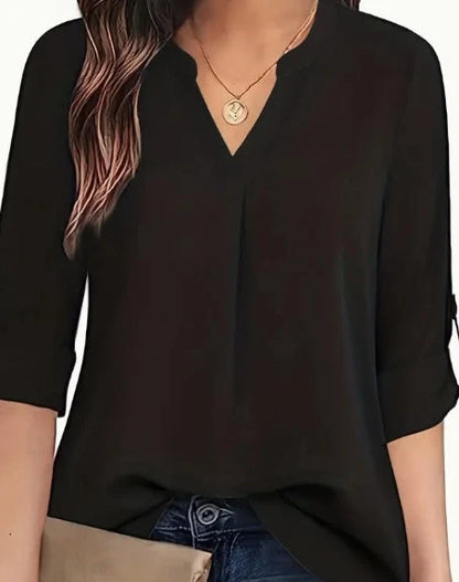 Women's V-neck blouse in 100% polyester, available in burgundy, apricot, and black