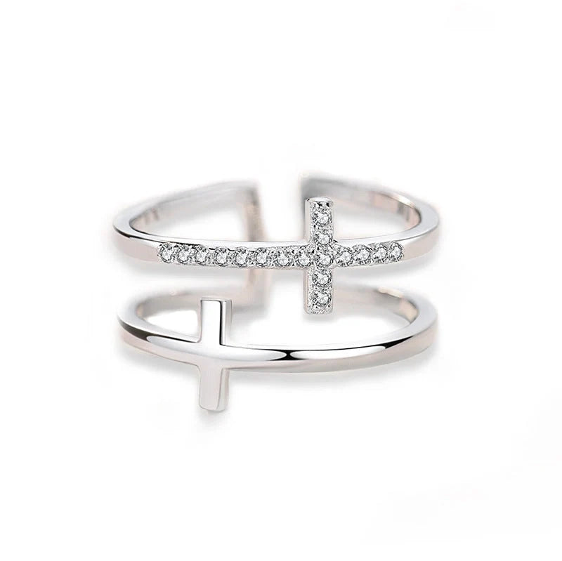 Double Cross Miniature Copper Inlaid Zircon Ring with adjustable opening and white gold finish