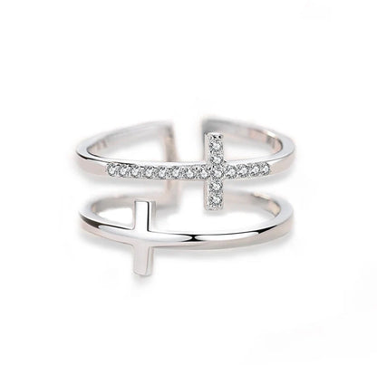 Double Cross Miniature Copper Inlaid Zircon Ring with adjustable opening and white gold finish