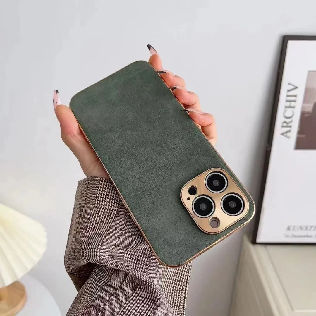 A solid-colour phone case with a leather texture, shown in grey, for an iPhone model.