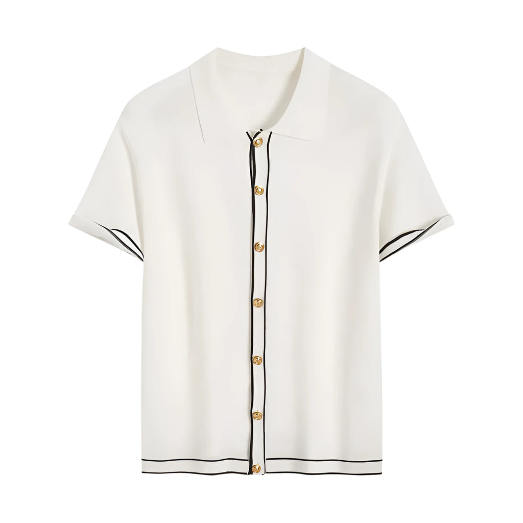 White short sleeve cardigan with contrasting colour lapels and collar on a model.