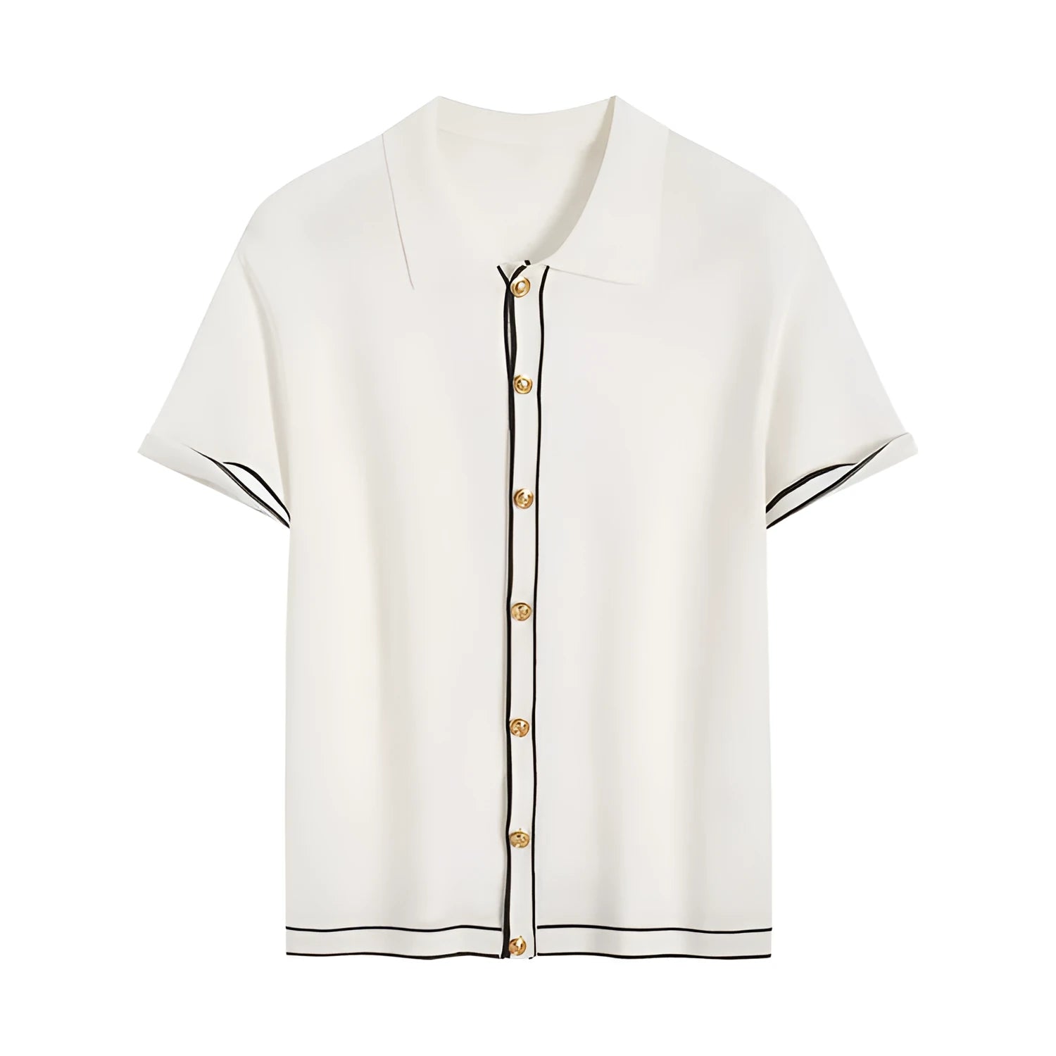 White short sleeve cardigan with contrasting colour lapels and collar on a model.