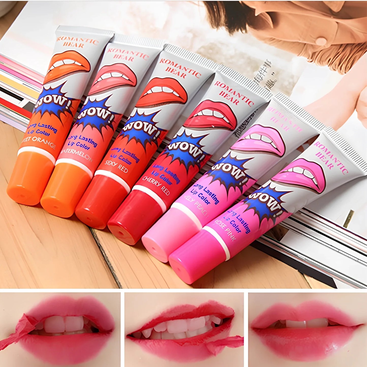 Six colour peel-off liquid lipstick set with applicator and waterproof mineral formula