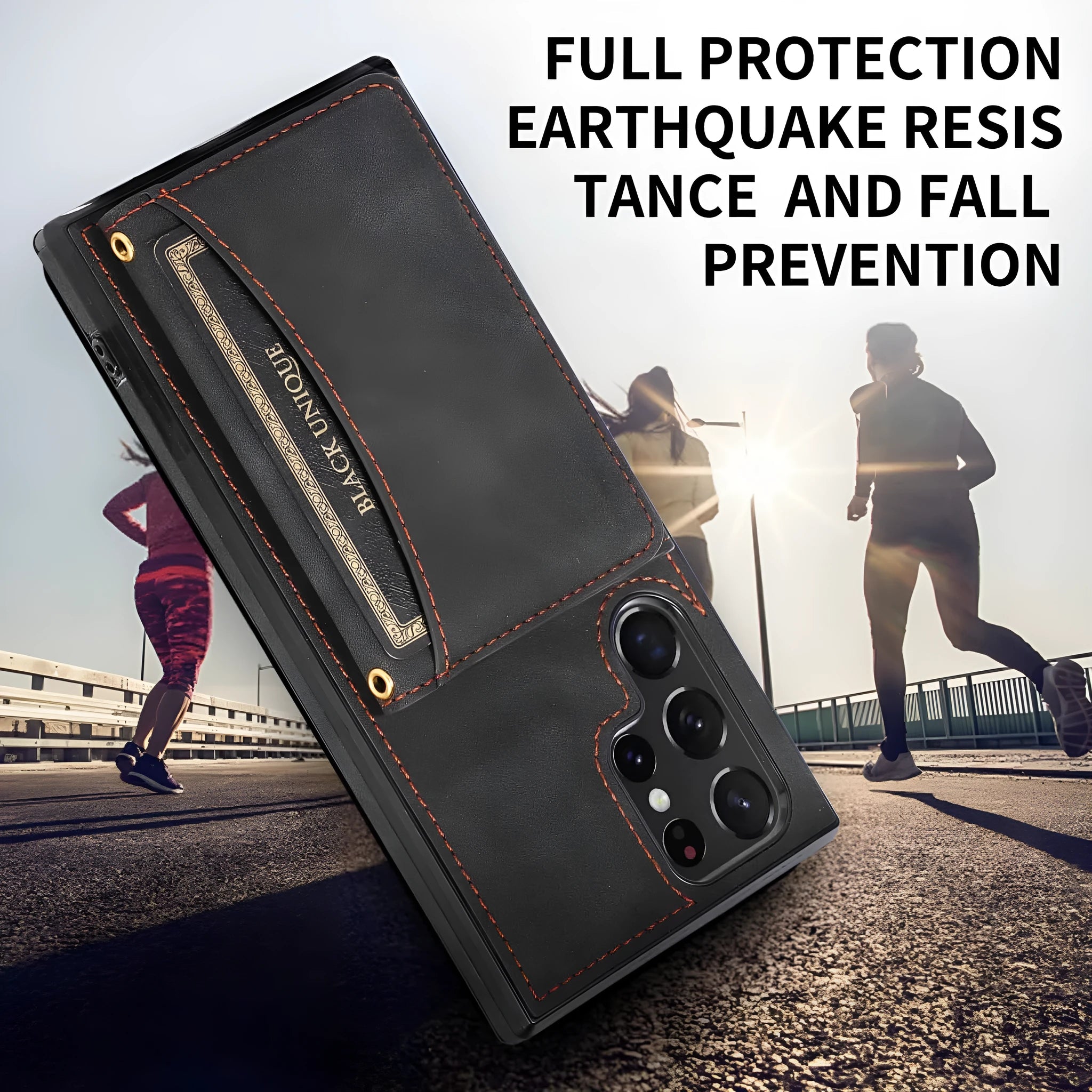 Three-fold wallet card-inserting phone case for Samsung in black, showing card slots and back cover design